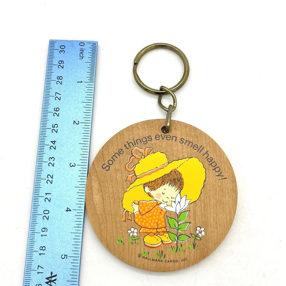 Hallmark Cards Inc Vintage Wooden Keychain Little Girl Smelling Flower Whimsical